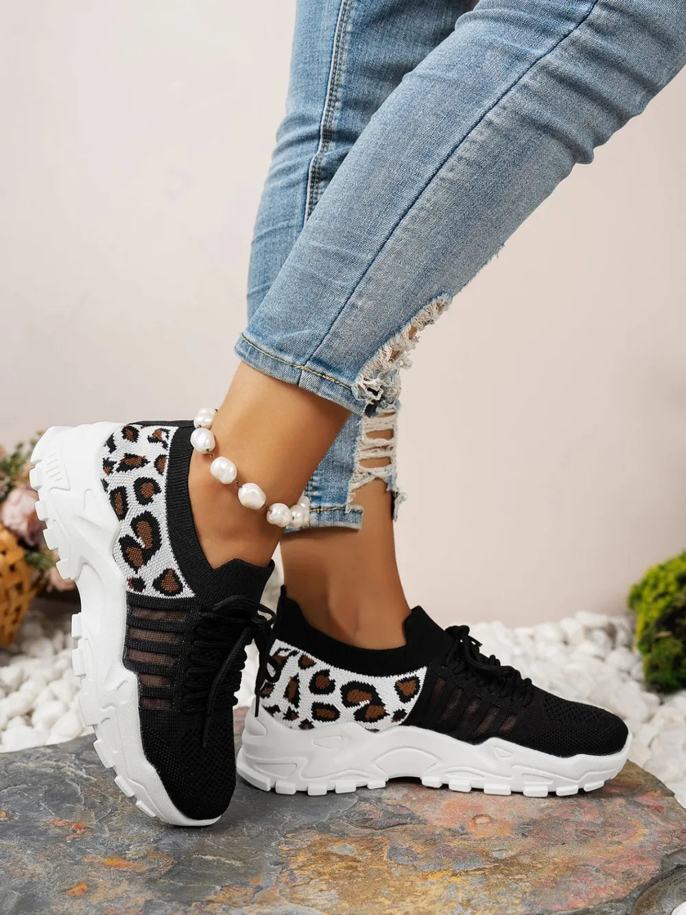Cutout Leopard Lace Up Mesh Athletic - kinko