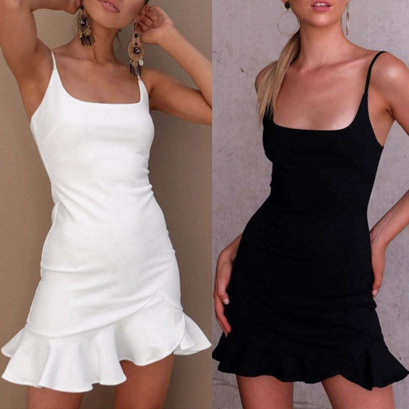 New Ruffles Trumpet Dress Women Sleeveless Spaghetti Strap Slim Summer Dress Party Short Dresses Vestidos - kinko