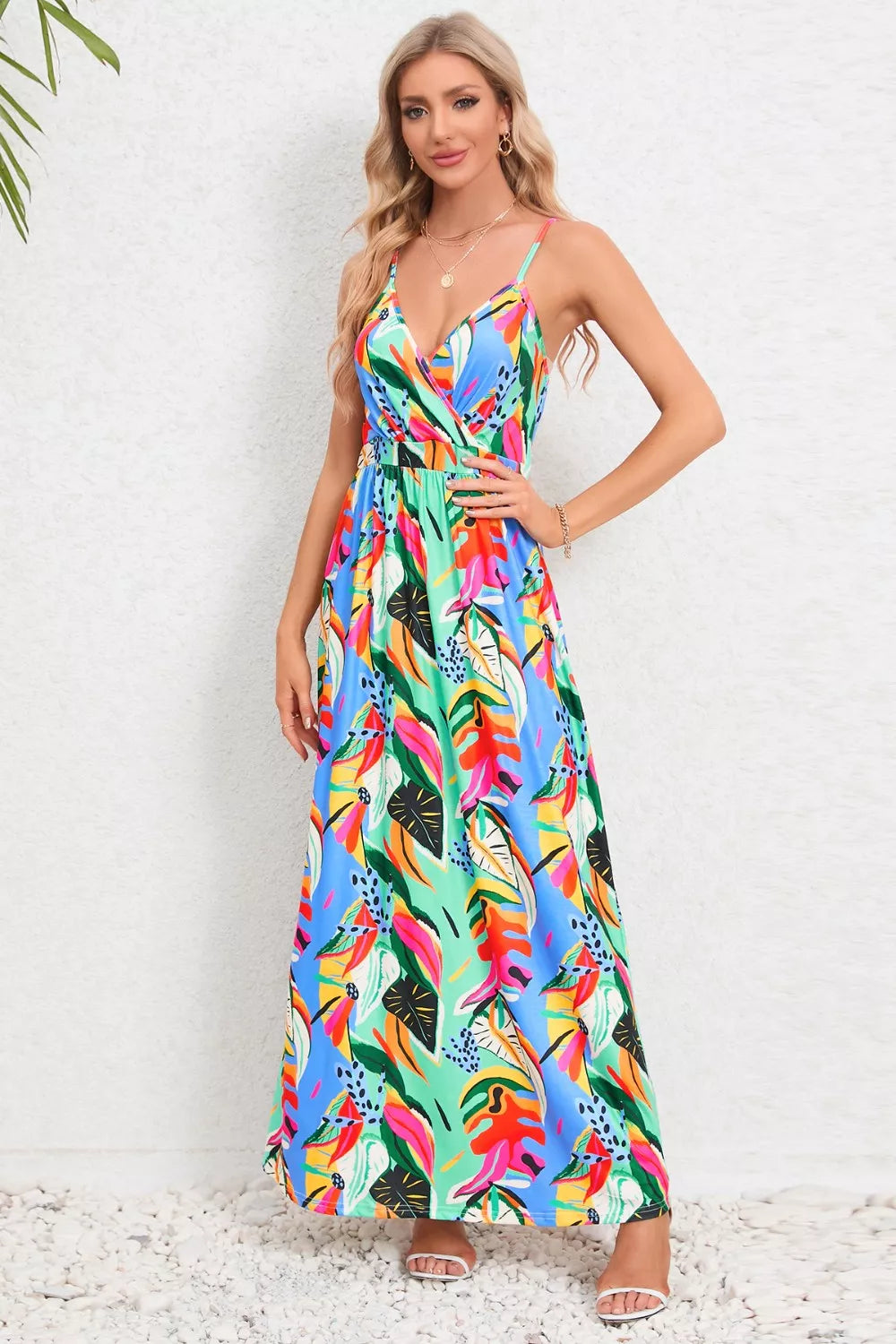 Printed Surplice Maxi Cami Dress - kinko