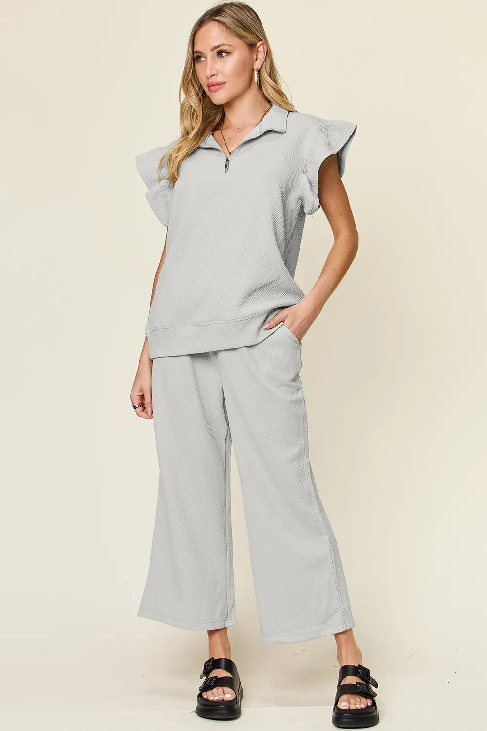 Double Take Texture Ruffle Short Sleeve Top and Drawstring Wide Leg Pants Set - kinko