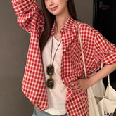 Red Plaid Shirt Cardigan Women's Long Sleeve Jacket - kinko