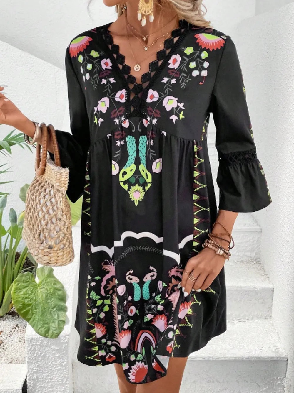 Lace Detail Printed Three-Quarter Sleeve Dress - kinko