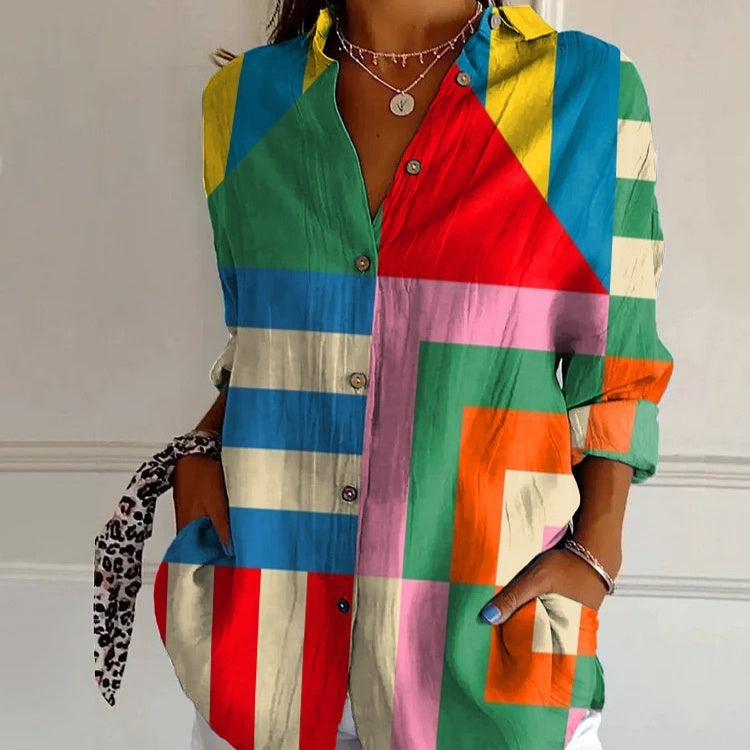 Striped Long-sleeved Shirt Women's Rainbow Cardigan Contrast Color Coat Lapel - kinko