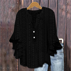 Printed Casual Trend V-neck Flounce Sleeve T-shirt - kinko