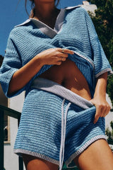 Collared Neck Contrast Striped Top and Shorts Sweater Set - kinko