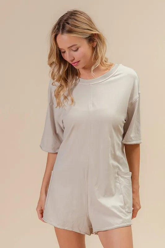 BiBi Short Sleeve Back Open Washed Romper - kinko