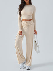 Tether Solid Color Waist Tight Fashion Wide Leg Casual Trousers Suit - kinko