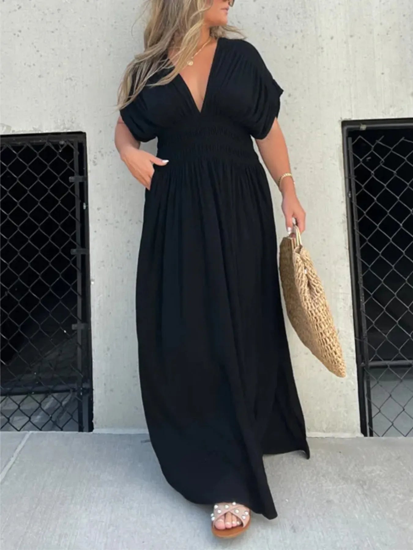 Full Size Deep V-Neck Maxi Dress with Side Slit Plus Size - kinko