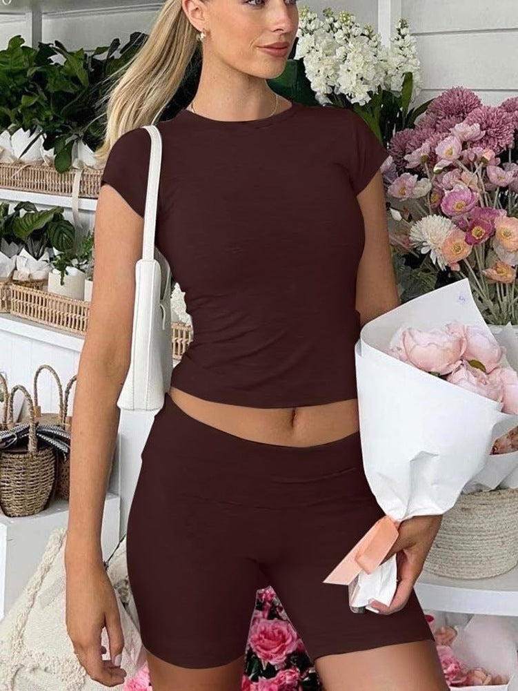 Casual Women's Workout Two-piece Short Sleeve High Waist Fold Bell-bottom Pants Shorts - kinko