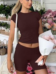 Casual Women's Workout Two-piece Short Sleeve High Waist Fold Bell-bottom Pants Shorts - kinko