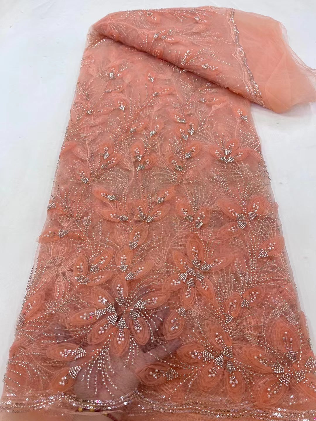 Ribbon Flower Beaded Tulle Lace Fabric Cocktail Party Occasion Evening Dress Embroidered Cloth Lace - kinko