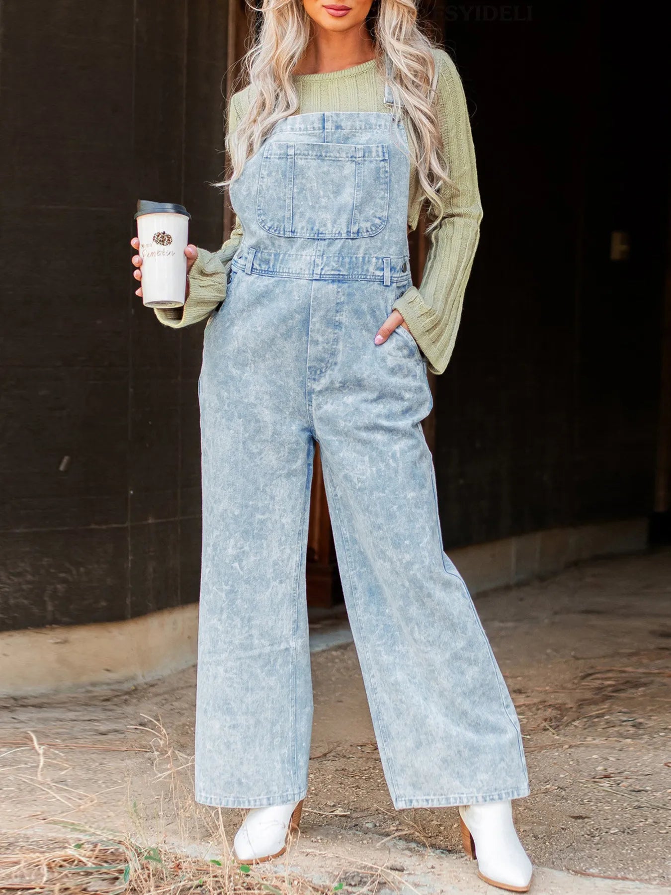 Vintage Washed Wide Leg Denim Overalls with Front Pockets - kinko