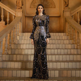 Long Sleeve Round Neck Slim-fit Sheath Sequined Banquet Fishtail Evening Dress - kinko