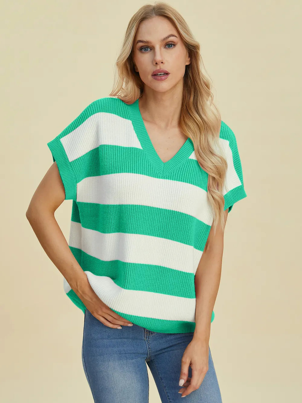 Double Take Full Size Striped V-Neck Short Sleeve Sweater - kinko