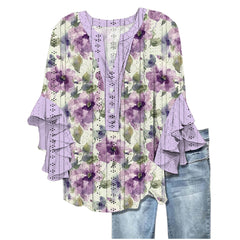 Printed Casual Trend V-neck Flounce Sleeve T-shirt - kinko