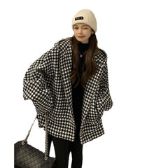Female Houndstooth Embroidered Baseball Uniform Fall Winter Coat