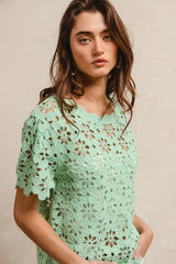 BiBi Openwork Crochet Short Sleeve Knit Top - kinko