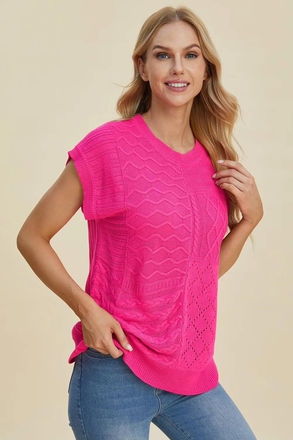 Double Take Full Size Cable-Knit Round Neck Cap Sleeve Sweater - kinko