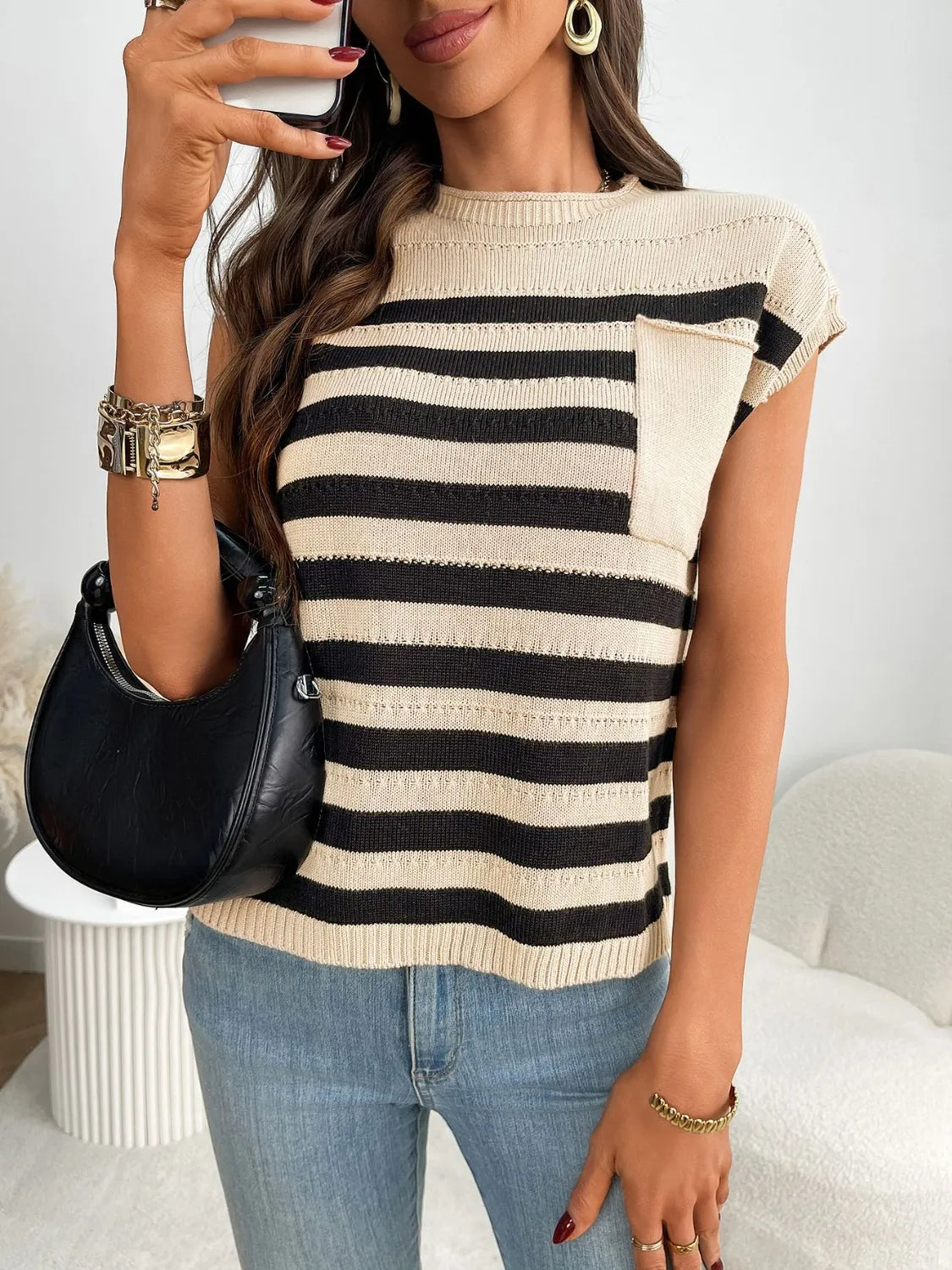 Striped Mock Neck Cap Sleeve Knit Top - kinko