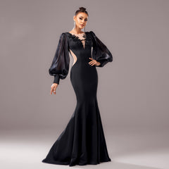 Long Sleeve Round Neck Banquet Applique Sheath Fishtail Dress - kinko