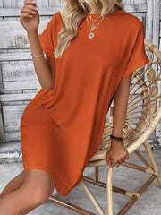 Pocketed Round Neck Short Sleeve Dress - kinko