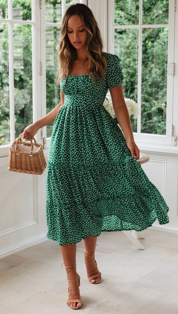 Square Collar Short Sleeve Dress Summer Puff Floral Printed Dress Long Dresses - kinko
