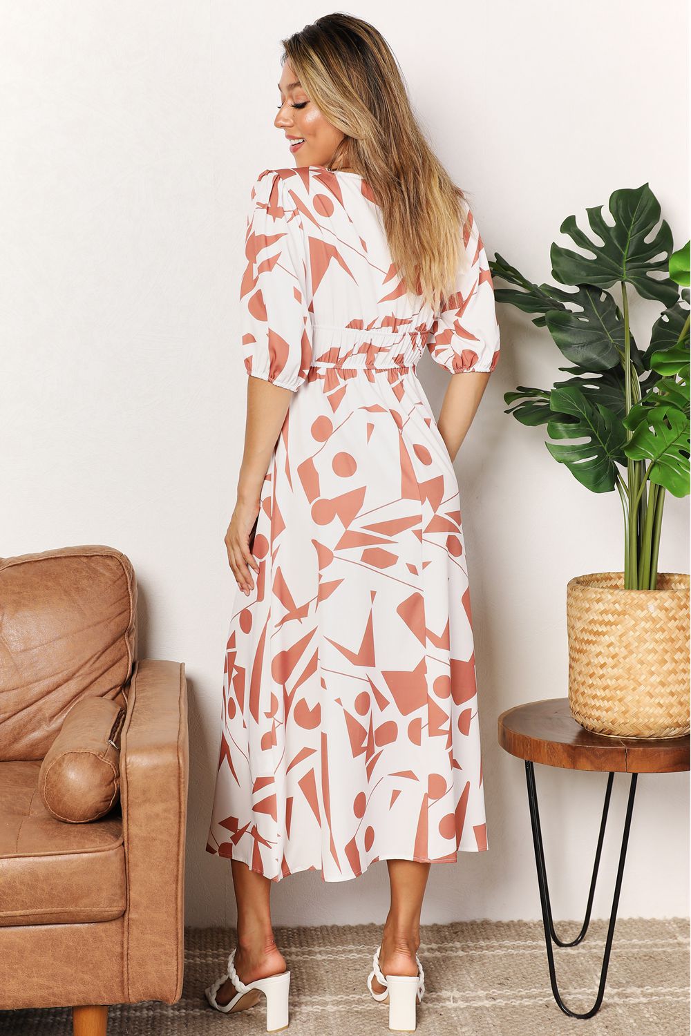 Printed Surplice Balloon Sleeve Dress - kinko