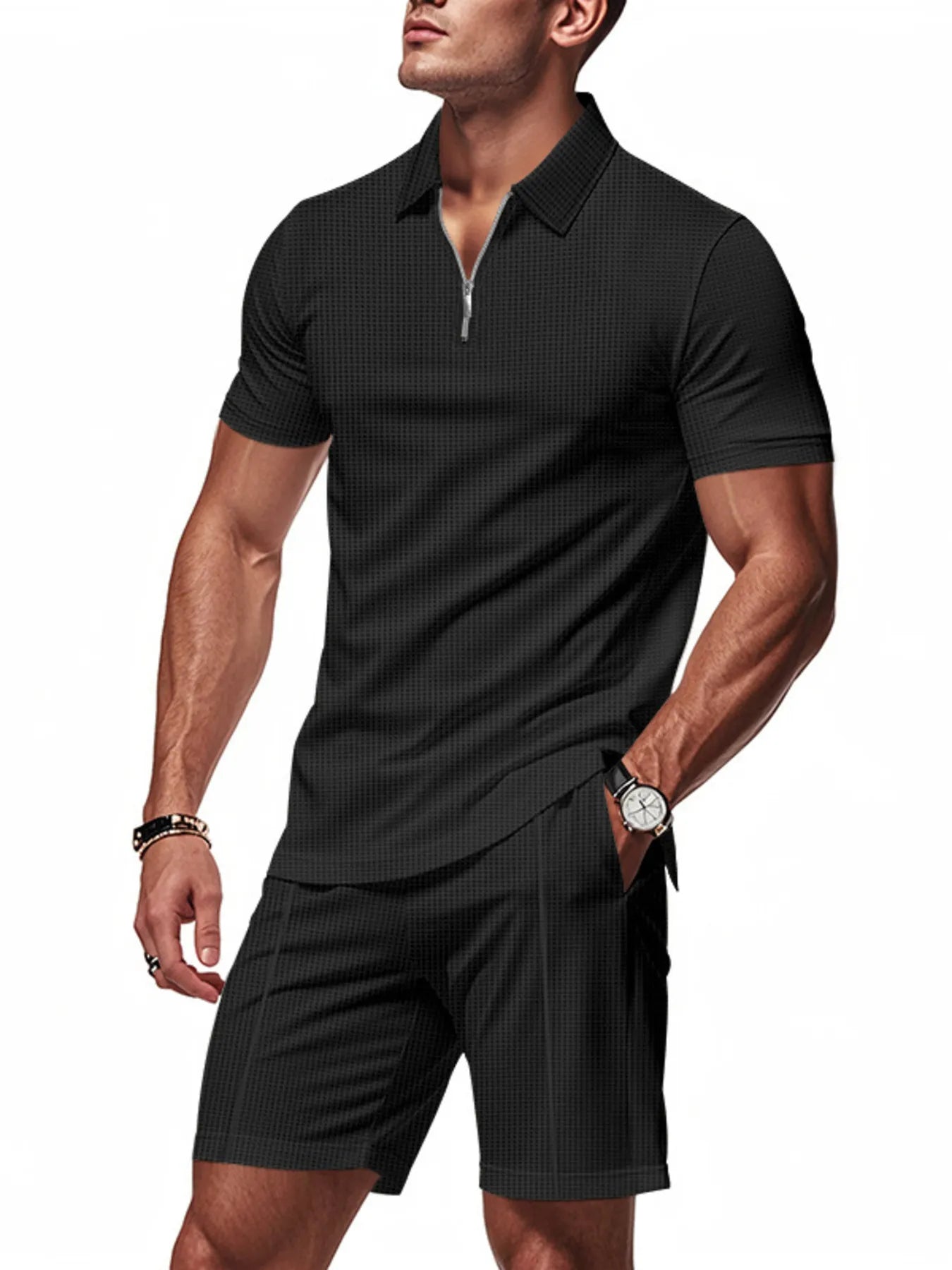 Men's Plus Size Quarter Zip Short Sleeve Top and Shorts Set - kinko