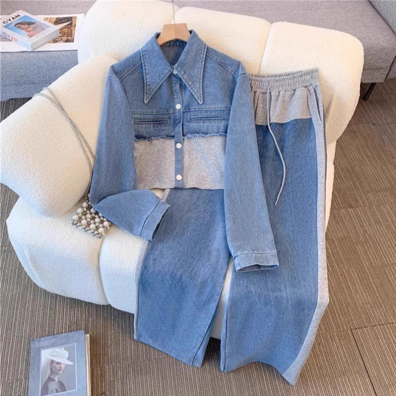 Two Pieces Stitching Suit Casual Suit Denim - kinko