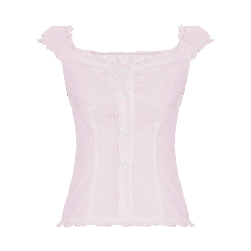 Sweet Slim Fit U-shaped French Wooden Ear Lace-collared Blouse - kinko