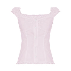 Sweet Slim Fit U-shaped French Wooden Ear Lace-collared Blouse - kinko