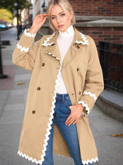 Scalloped Trim Long Sleeve Trench Coat - kinko