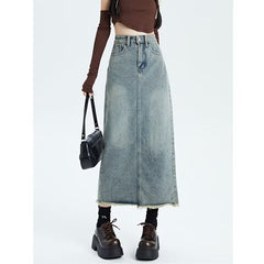Retro Women's High Waist Denim Skirt Women's Mid-length Versatile Hem Tassel Hip Skirt - kinko