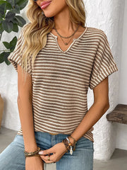 Striped Notched Short Sleeve T-Shirt - kinko