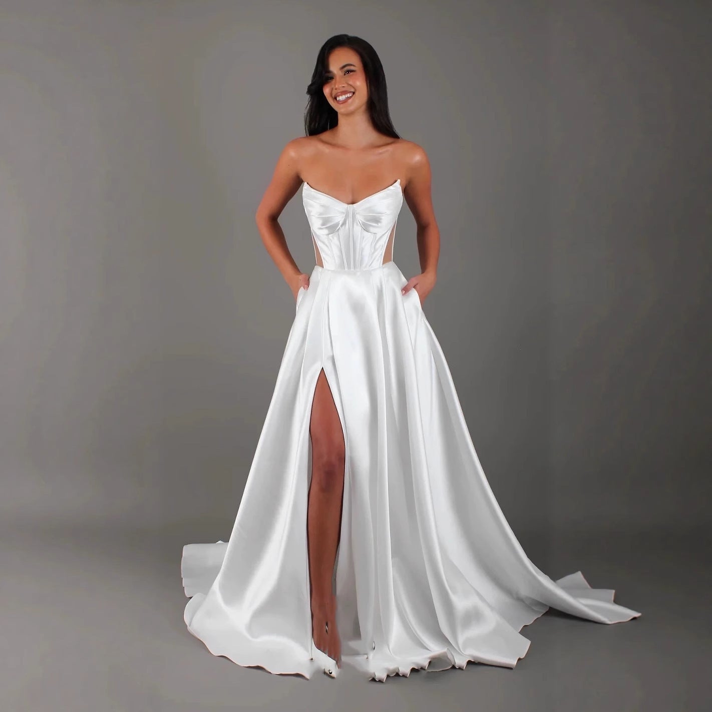 White Satin Slit Pocket Bandage Wedding Dress - kinko