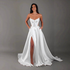 White Satin Slit Pocket Bandage Wedding Dress - kinko