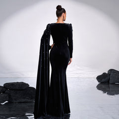Velvet Round Neck Long Sleeve Rhinestone Evening Dress - kinko