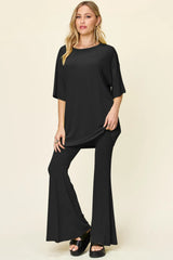 Double Take Full Size Round Neck Drop Shoulder T-Shirt and Flare Pants Set - kinko