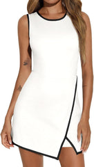 Round Neck Contrasting Color Side Slit A-line Tennis Skirt - kinko