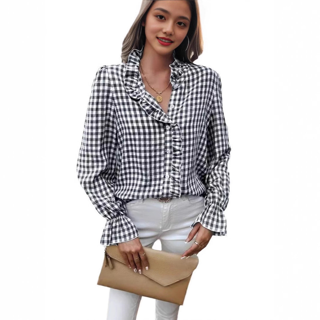 Women's French-style Plaid Shirt With Wooden Ears - kinko