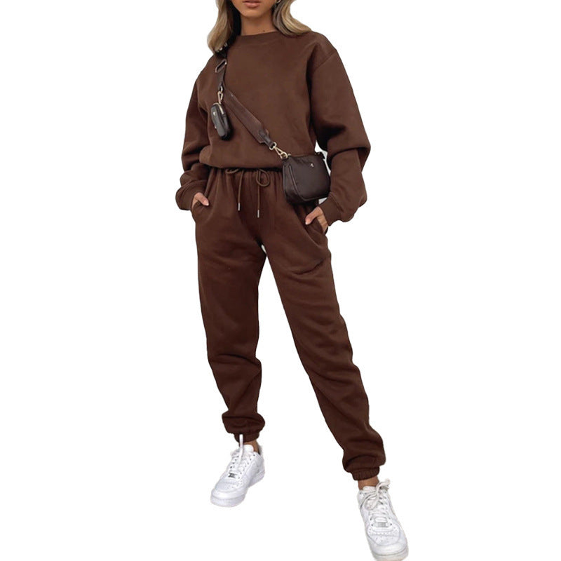 Crew Neck Pullover Sweatshirt Fleece-lined Fashion Casual Sweater Sweatpants Two-piece Set - kinko