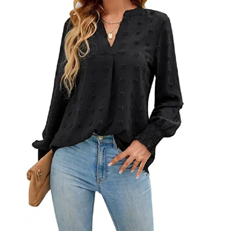 Dot Long-sleeved Bubble Sleeve V-neck Shirt Top - kinko