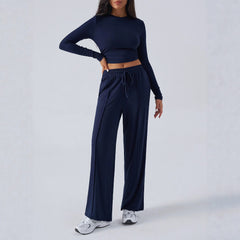 Tether Solid Color Waist Tight Fashion Wide Leg Casual Trousers Suit - kinko