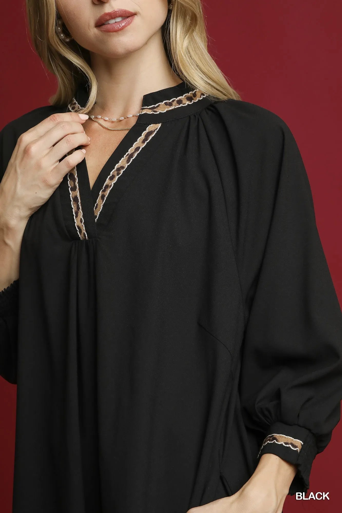 Umgee Notched Shift Dress with Trim Detail - kinko