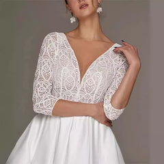 Bridal Deep V-neck Slim Lace Mid-length Long Sleeve Wedding Dress - kinko