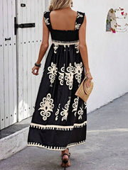 Smocked Printed Wide Strap Maxi Dress - kinko