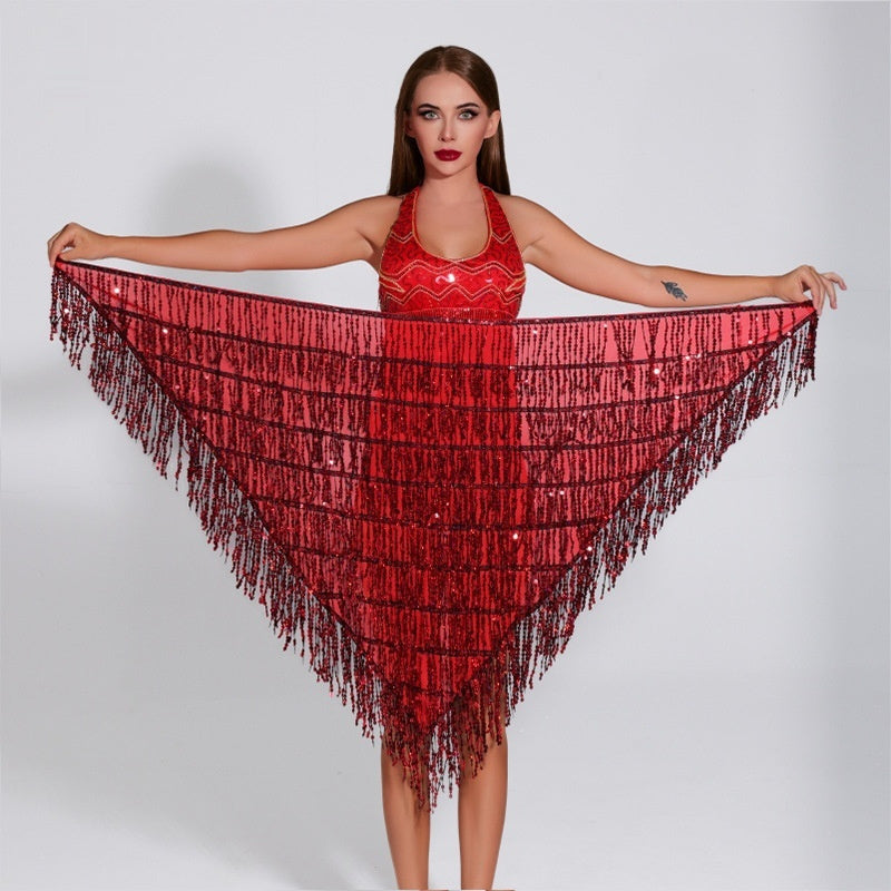 Women's Sequined Tassel Triangle Hip Bag Waist Scarf - kinko
