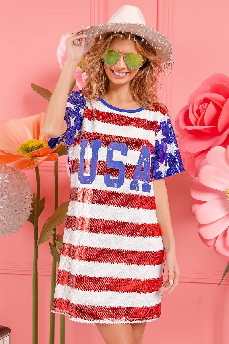 BiBi American Flag Theme Usa Print Sequin Dress - kinko