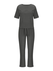 Full Size Round Neck Short Sleeve Top and Pants Set Plus Size - kinko