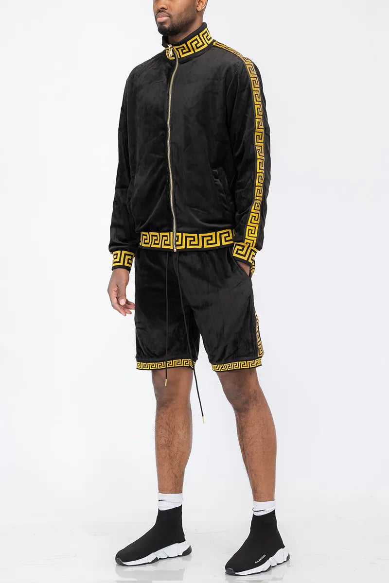 WEIV Men's Full Size Velour Zip Up Jacket and Shorts Set Plus Size - kinko
